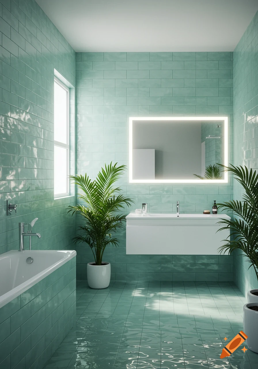 Modern bathroom with mint green tiled walls, a white floating vanity, a backlit mirror, and potted plants. The floor appears wet.