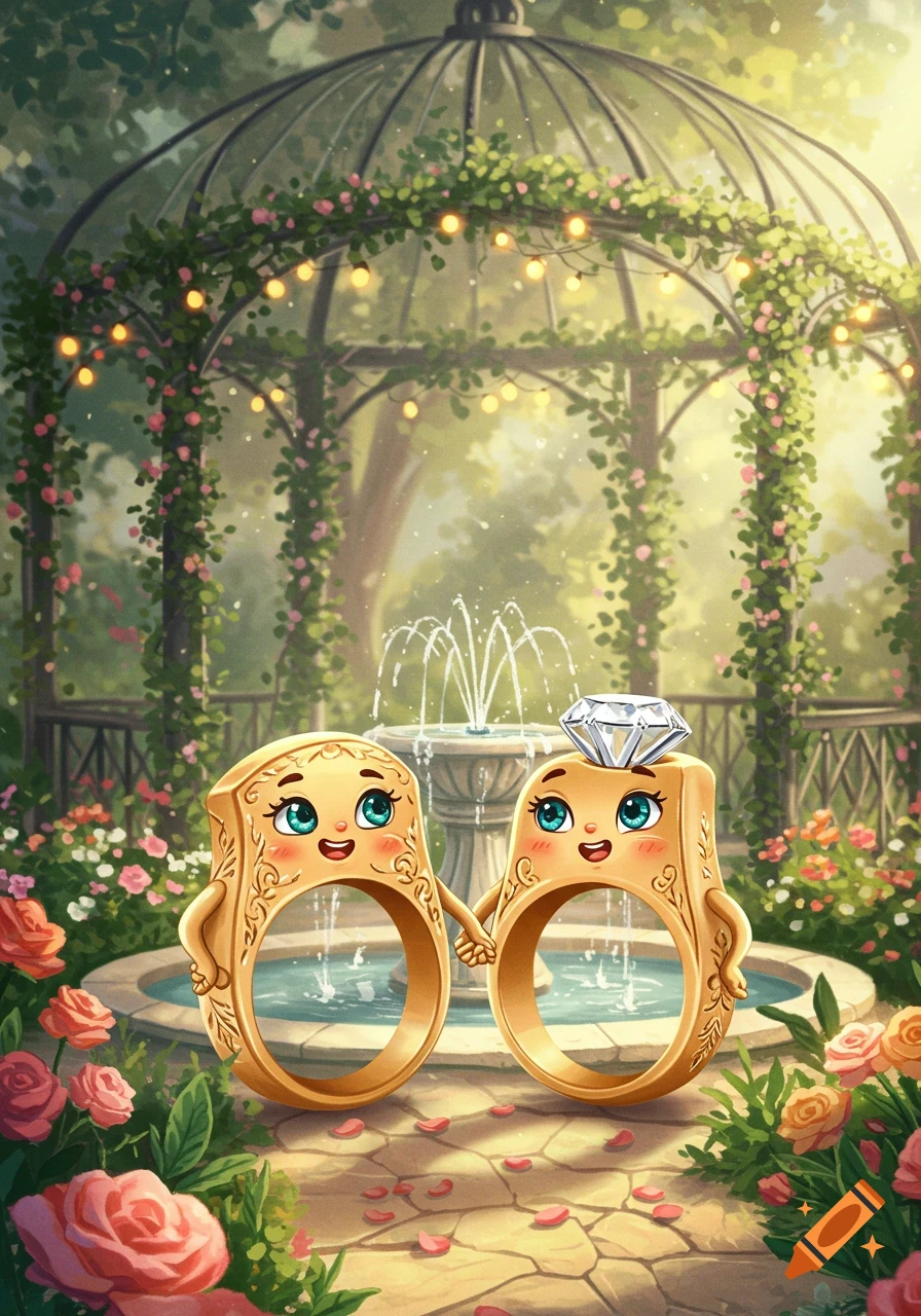 Two whimsical, smiling wedding rings with faces hold hands in a lush garden with a gazebo, fountain, and rose petals.