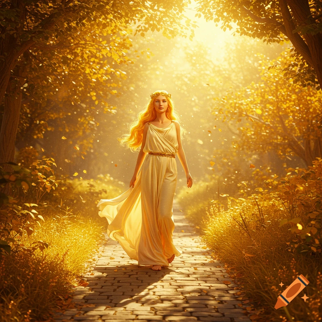 A blonde woman in a flowing white dress walks barefoot on a sunlit path in a golden forest with falling leaves.