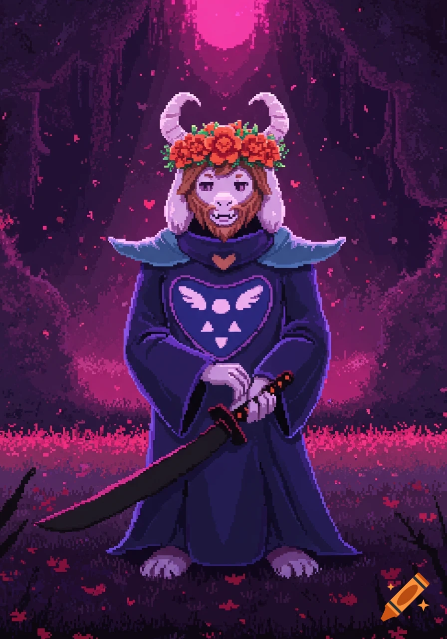 Pixel art of Asgore, a goat-like character with a flower crown, dark robe, and a katana, standing in a magical pink forest.