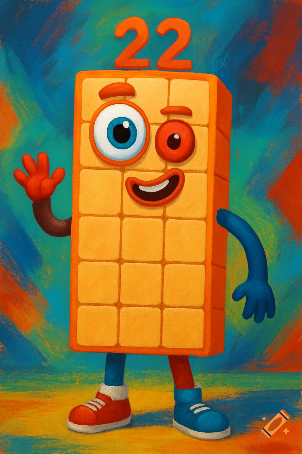 A cartoon orange rectangular block character, Numberblock 22, with a blue and a red eye, waving a red hand. It wears red and blue sneakers, with the number 22 floating above its head, against a painterly blue and orange background.