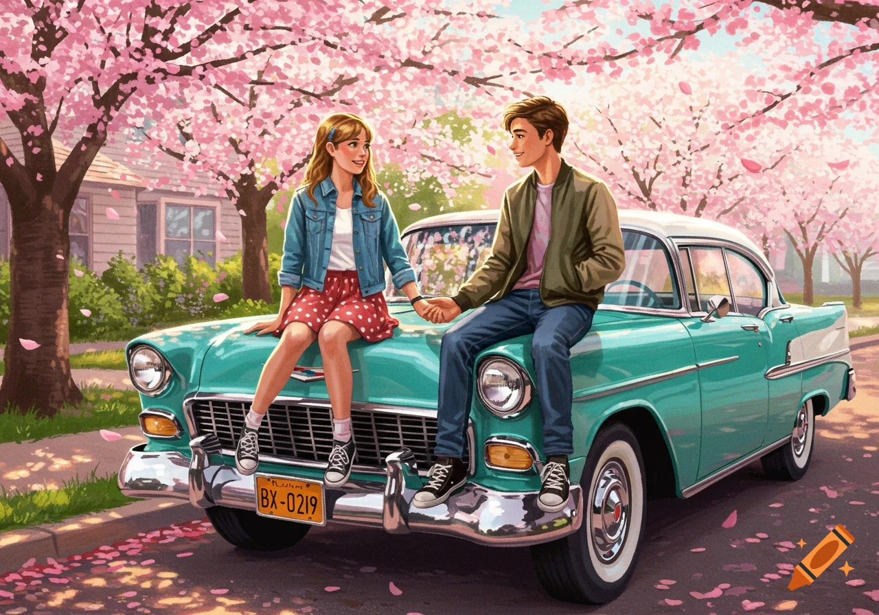 Teenage boy and girl holding hands, sitting on a turquoise vintage car under pink cherry blossom trees, illustration.