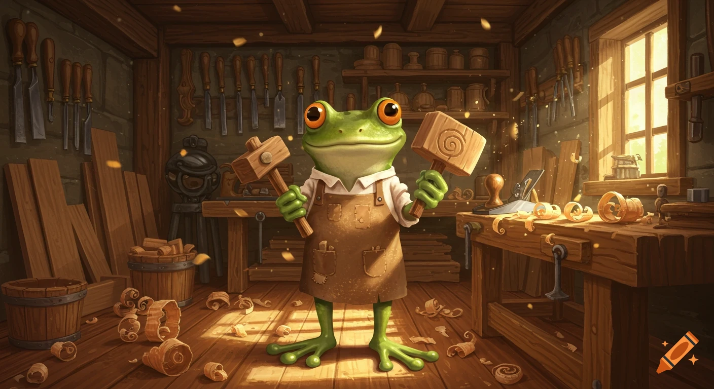 A cheerful cartoon frog woodworker, wearing an apron, stands in a sunlit woodshop holding two wooden mallets.