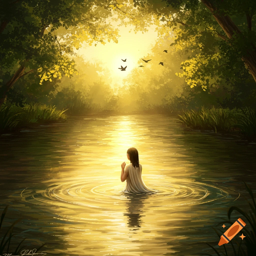 A person in a white garment stands in sunlit water, hands clasped, amidst a lush forest.