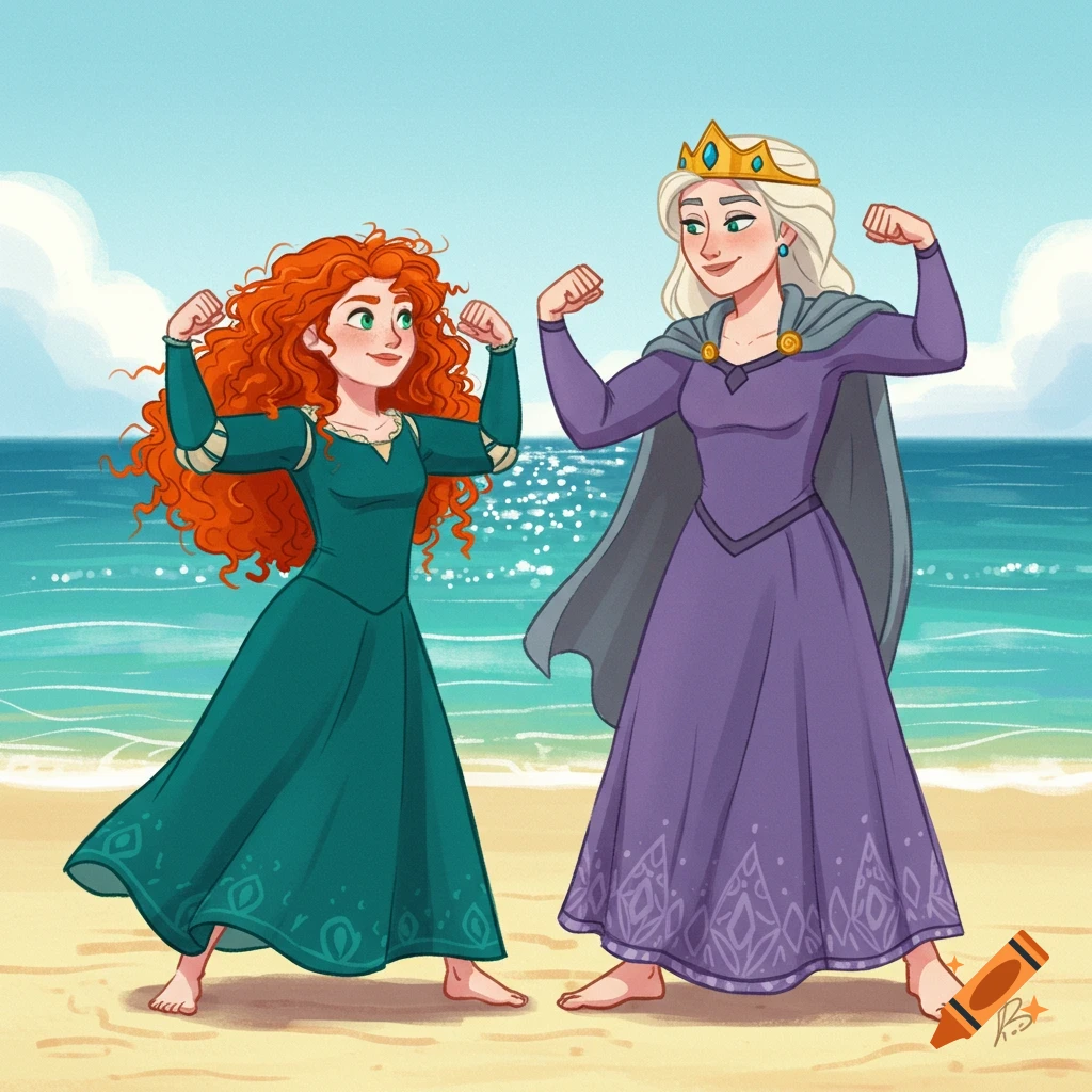 Merida and her mother from Disney's Brave flex muscles on a sandy beach in a 2D cartoon style.