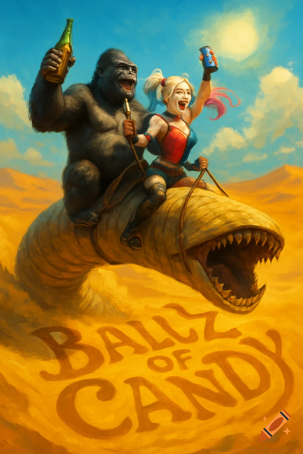 Vibrant illustration of a gorilla and Harley Quinn riding a sandworm in a desert, holding drinks, with 'BALLZ OF CANDY' written in the sand.