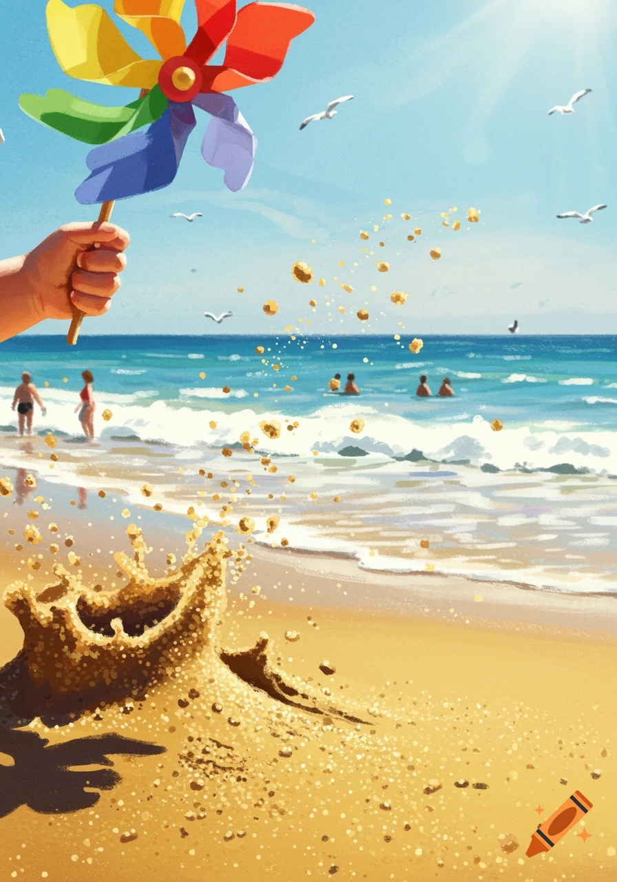 Stylized illustration of a hand holding a colorful pinwheel on a sunny beach with people and splashing sand.