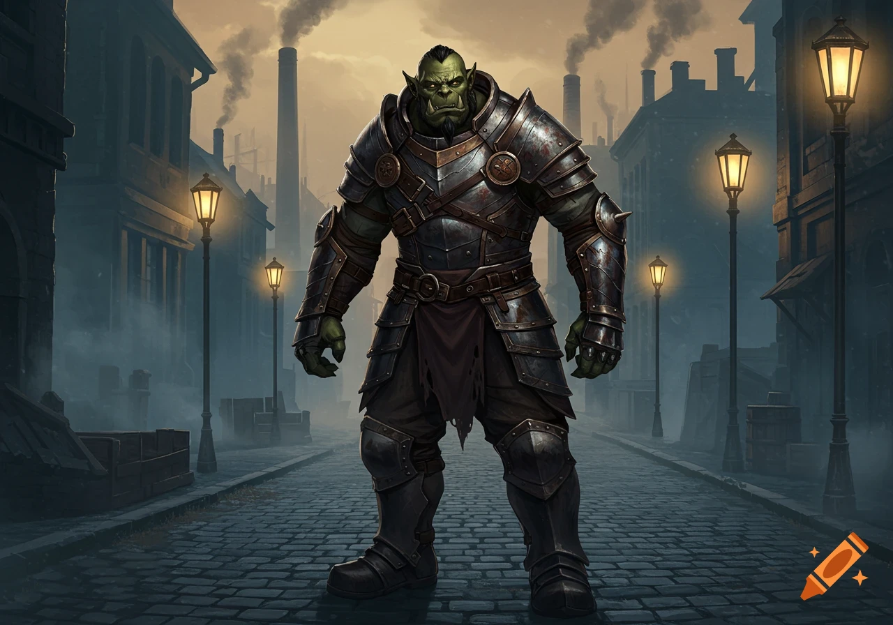 A heavily armored green orc stands on a cobblestone street in a foggy, industrial city with glowing street lamps.