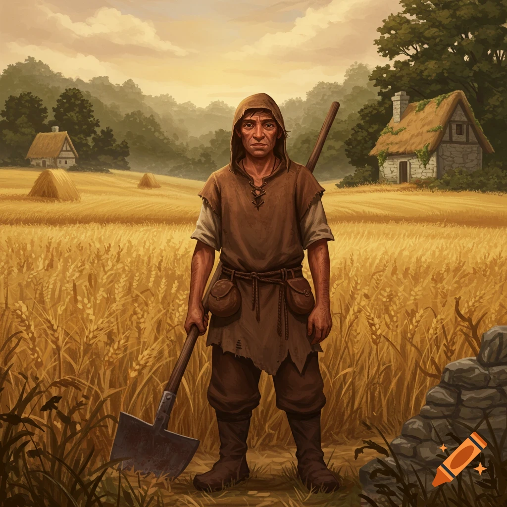 A solemn peasant in a hooded tunic holds a shovel, standing in a golden wheat field with thatched-roof houses under a cloudy sky, in a fantasy art style.