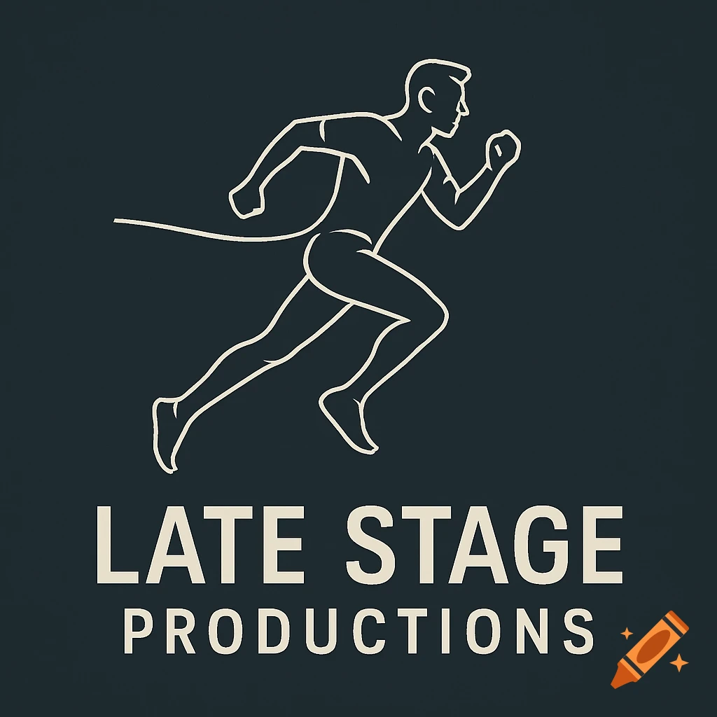 Minimalist line art logo depicting a runner in motion towards a finish line, with the text 'LATE STAGE PRODUCTIONS' below.