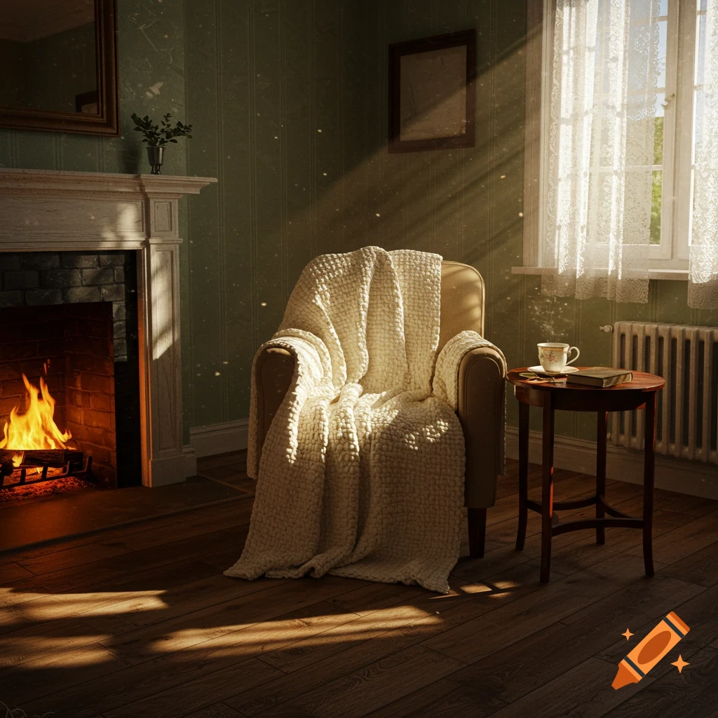 A cozy armchair with a white blanket by a lit fireplace in a sunlit room. A small table with a teacup and book sits nearby.