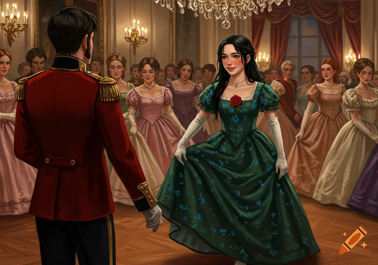 A painting of a young woman in a green dress curtsying to a British officer in a red uniform in a candlelit royal ballroom.