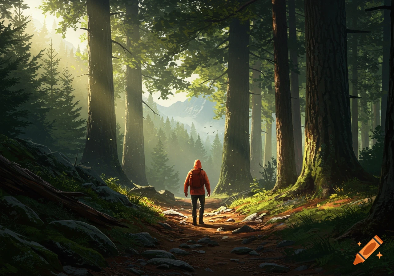 A person with a red backpack walks down a sunlit forest path between tall trees towards distant mountains.