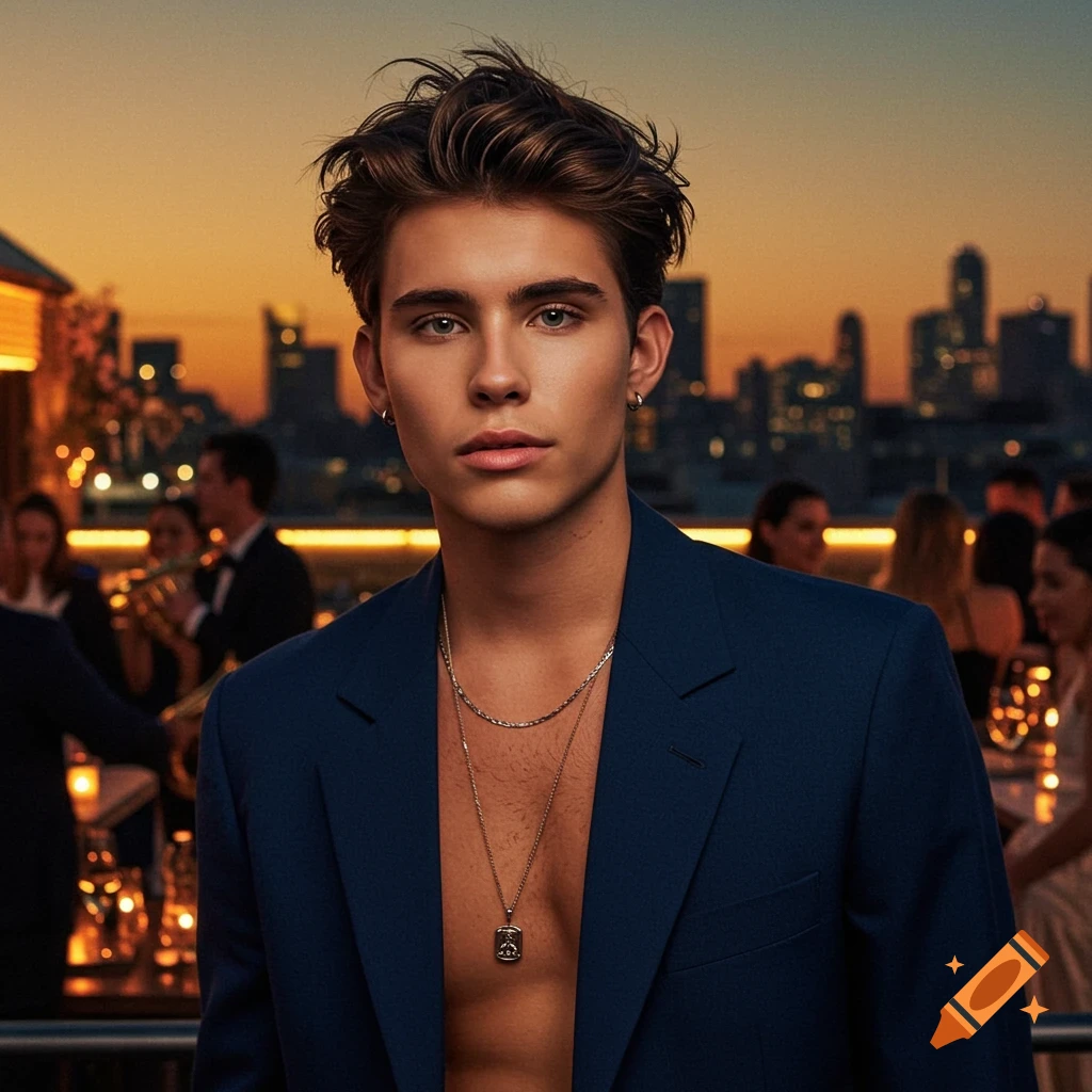 Photorealistic portrait of a young man in an open navy blazer and necklace on a city rooftop at sunset with a blurry party in the background.