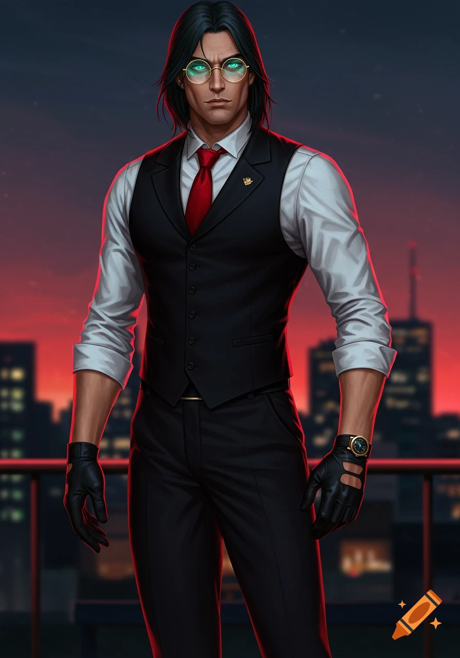 A handsome man with shoulder-length black hair, neon aqua eyes, and round glasses, wearing a black suit vest and red tie, stands on a city rooftop.