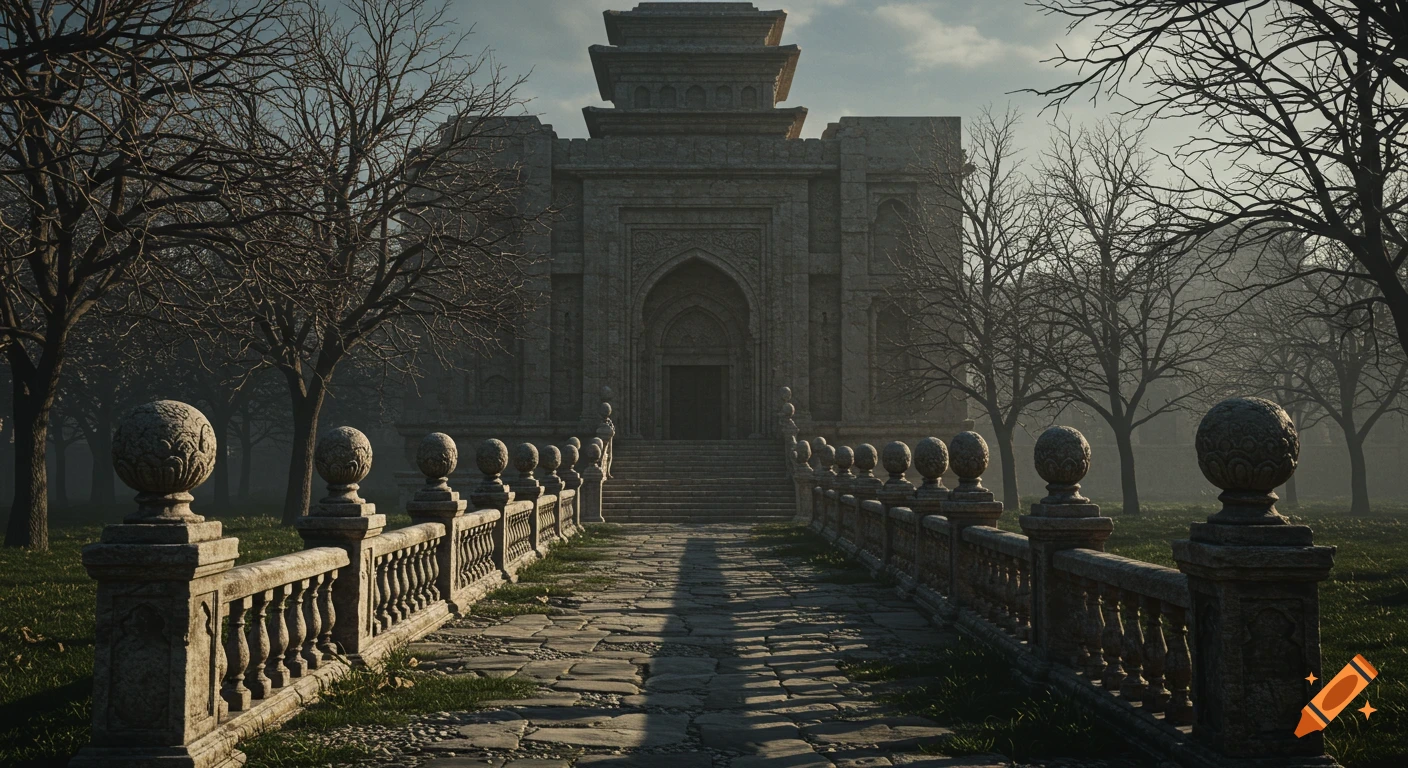 A stone pathway leads to an ancient, symmetrical building with a tiered roof, flanked by bare trees. Ornate stone railings border the path. Photorealistic.