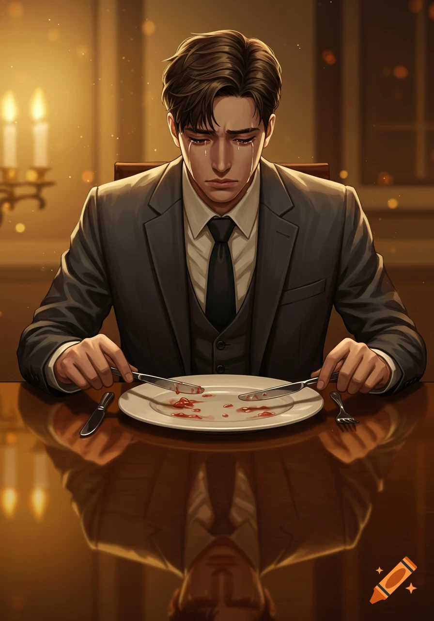 Anime illustration of a crying man in a suit holding a knife and fork over an empty plate with red tears, in a candlelit room.
