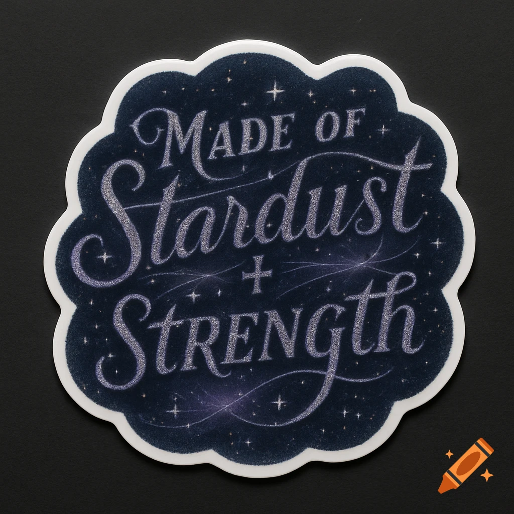Scalloped sticker with glittery silver text 'MADE OF Stardust + Strength' on a dark blue starry background.
