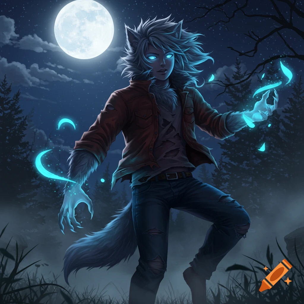 Anime-style werewolf boy with glowing blue eyes and energy, standing in a forest under a full moon.