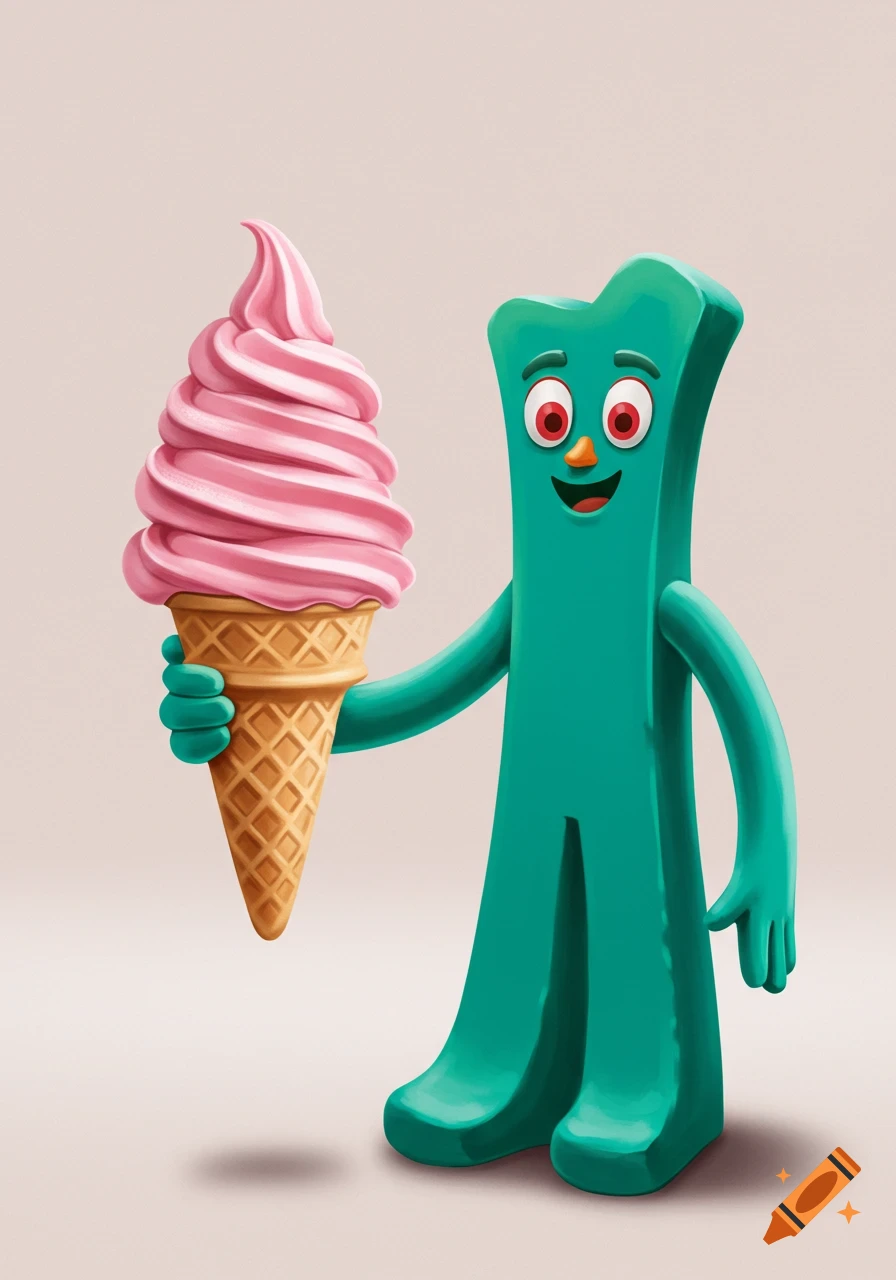A green, Gumby-like cartoon character with a happy face holds a large pink soft-serve ice cream cone.