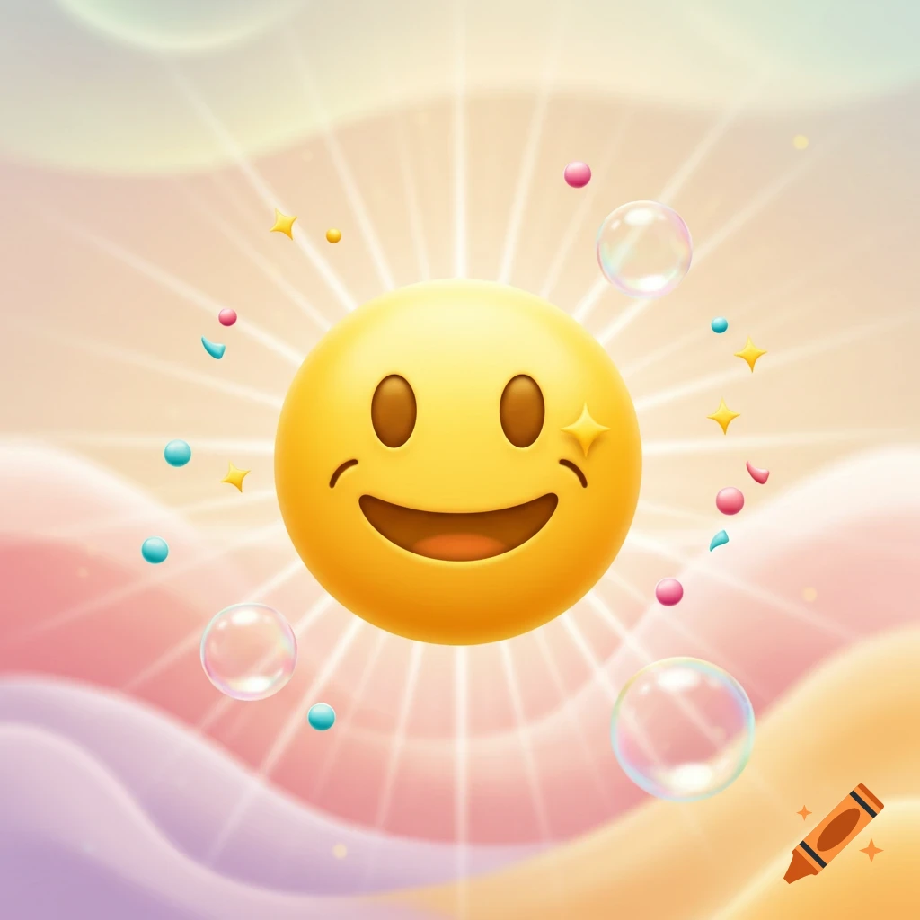 A cheerful yellow smiley face emoji with a sparkling eye, surrounded by colorful bubbles and stars on a soft, dreamy background with sun rays.