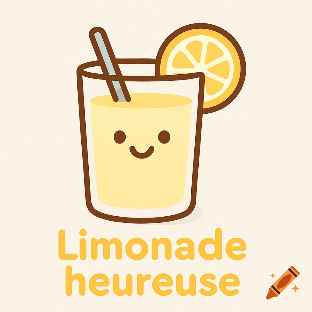 Cartoon illustration of a happy lemonade glass with a straw and lemon slice, text reads 'Limonade heureuse'.