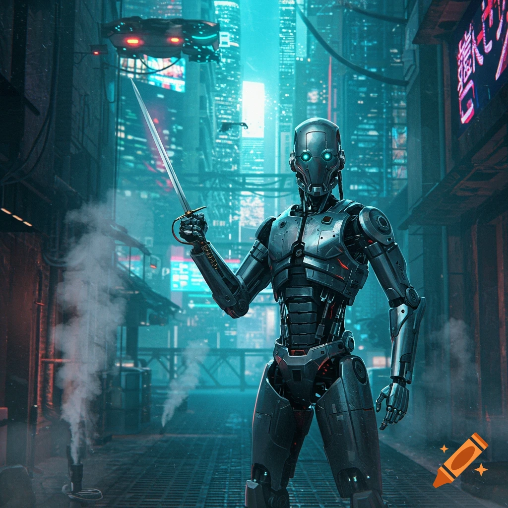 A metallic robot warrior stands in a dimly lit, futuristic cyberpunk alley, holding a rapier. Neon lights glow in the background.