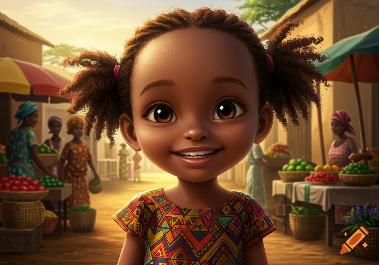 A smiling cartoon African girl with braided pigtails wearing a colorful patterned shirt, standing in a vibrant outdoor market.