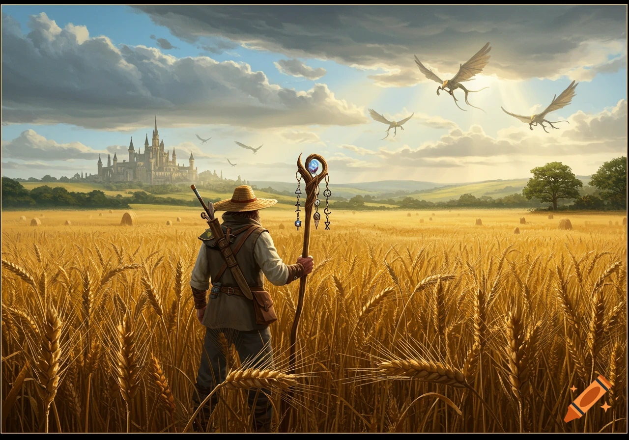 A solitary figure in a straw hat and rustic clothes, holding a glowing magical staff, stands in a golden wheat field, looking towards a distant castle under a cloudy sky with flying creatures.