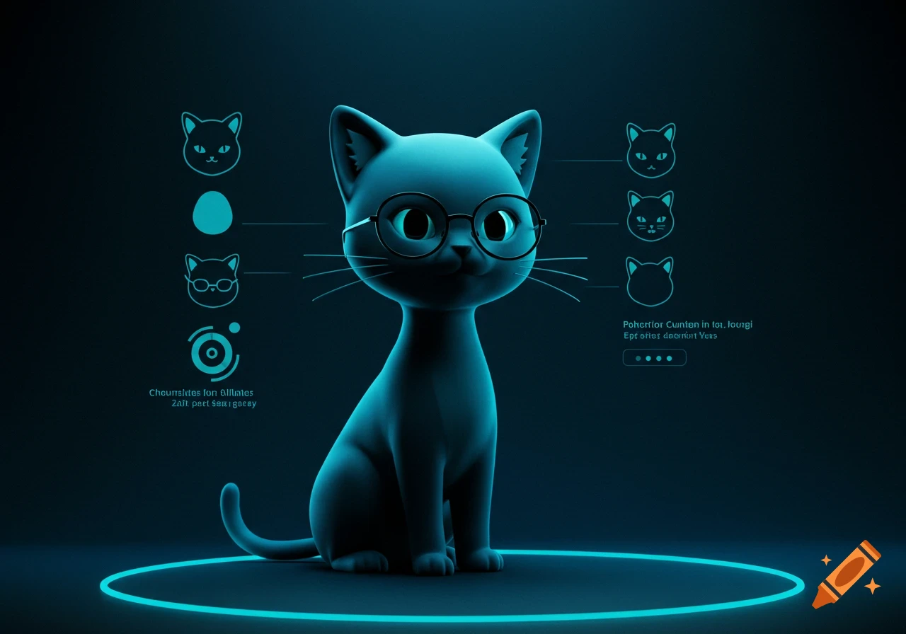 A stylized teal cat wearing glasses sits on a glowing blue ring, surrounded by abstract UI elements and cat icons.