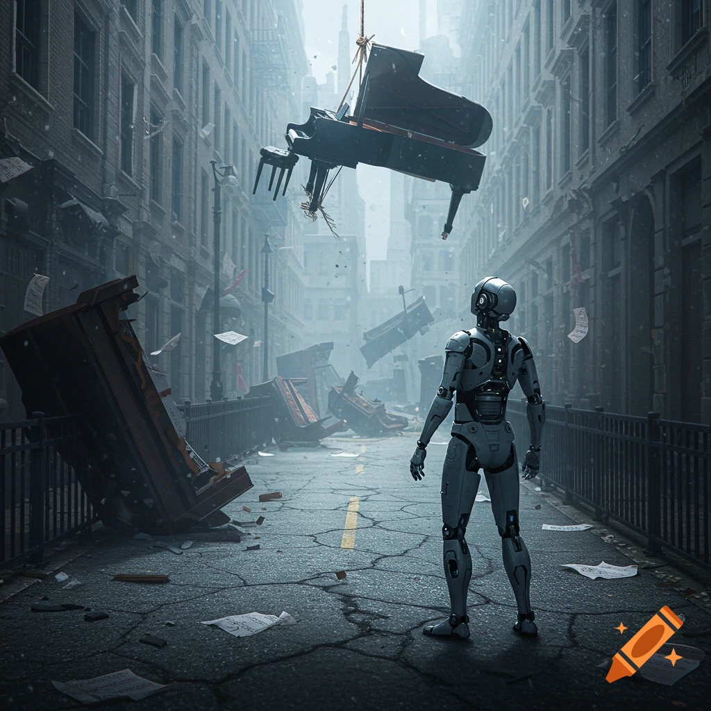 A photorealistic image of a robot standing in a destroyed urban street, looking up at a grand piano suspended by a frayed rope.