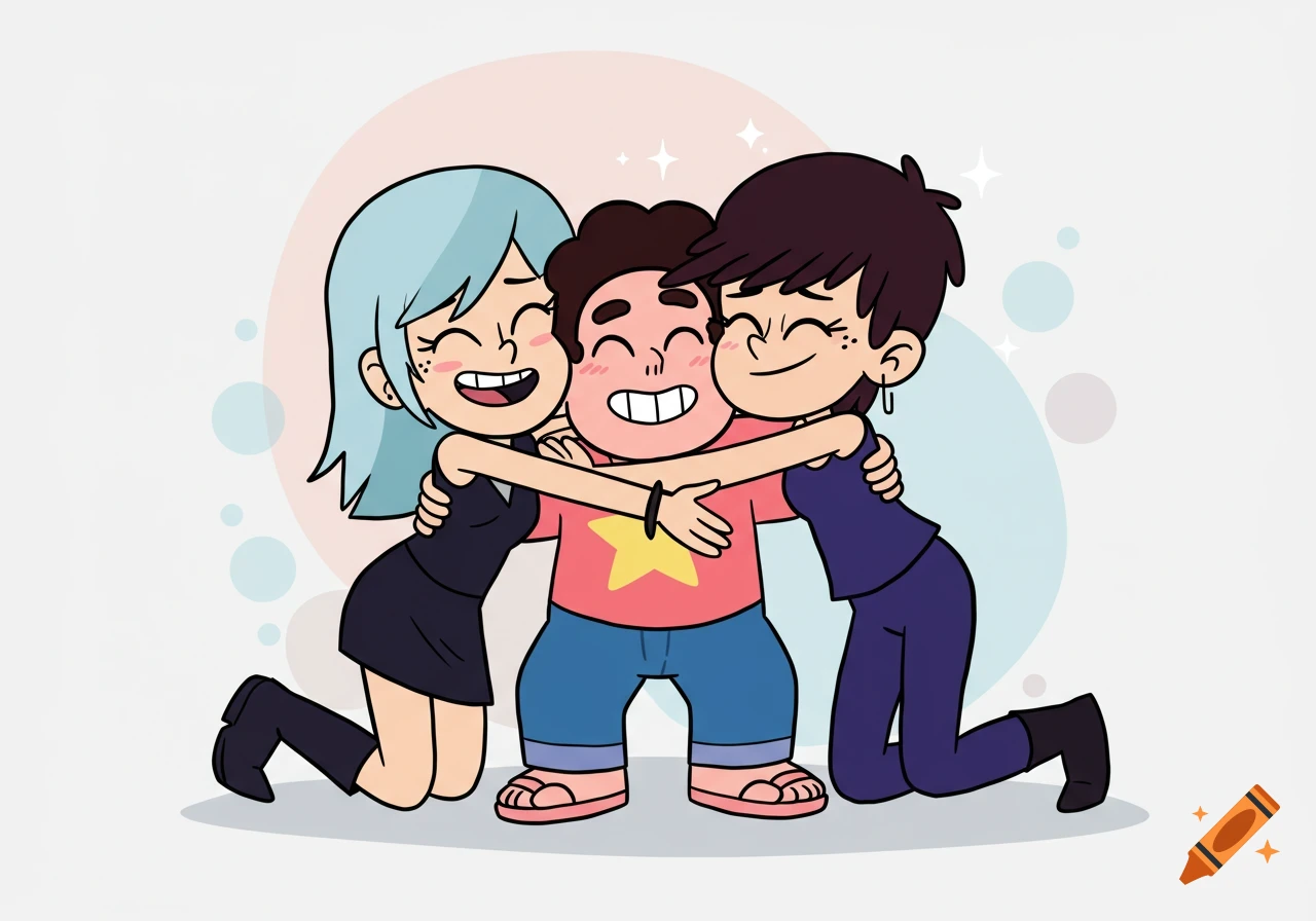 Three cartoon characters, Steven Universe, Luna Loud, and Sam Sharp, happily hug each other in a cheerful, stylized illustration.