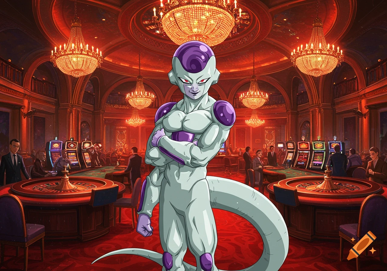 Frieza stands confidently with crossed arms in a lavish casino, surrounded by roulette tables and slot machines in an anime style.