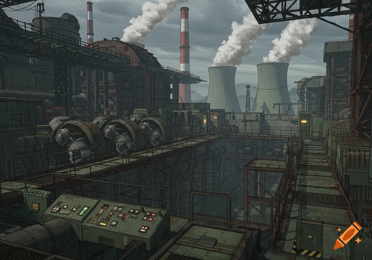 A detailed illustration of a sprawling, grimy industrial power plant with smoking chimneys and cooling towers.