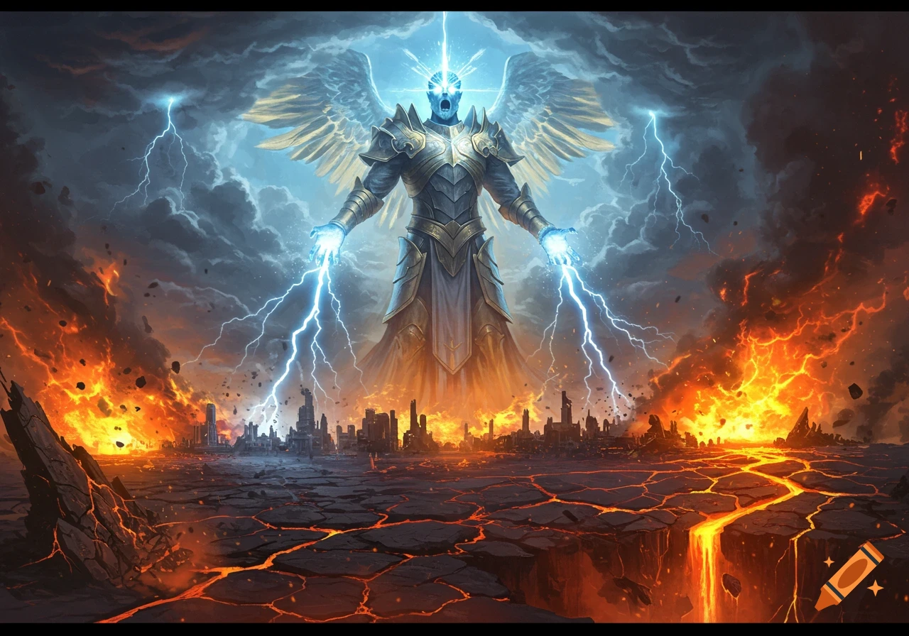 A powerful winged, armored god with glowing blue eyes and hands summons lightning over a city being consumed by fire and lava.
