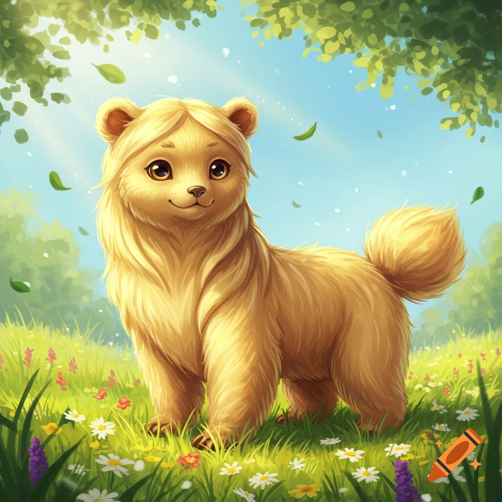 A cute, fluffy, golden fantasy creature with a long mane and short tail stands in a vibrant flowery meadow under green trees.