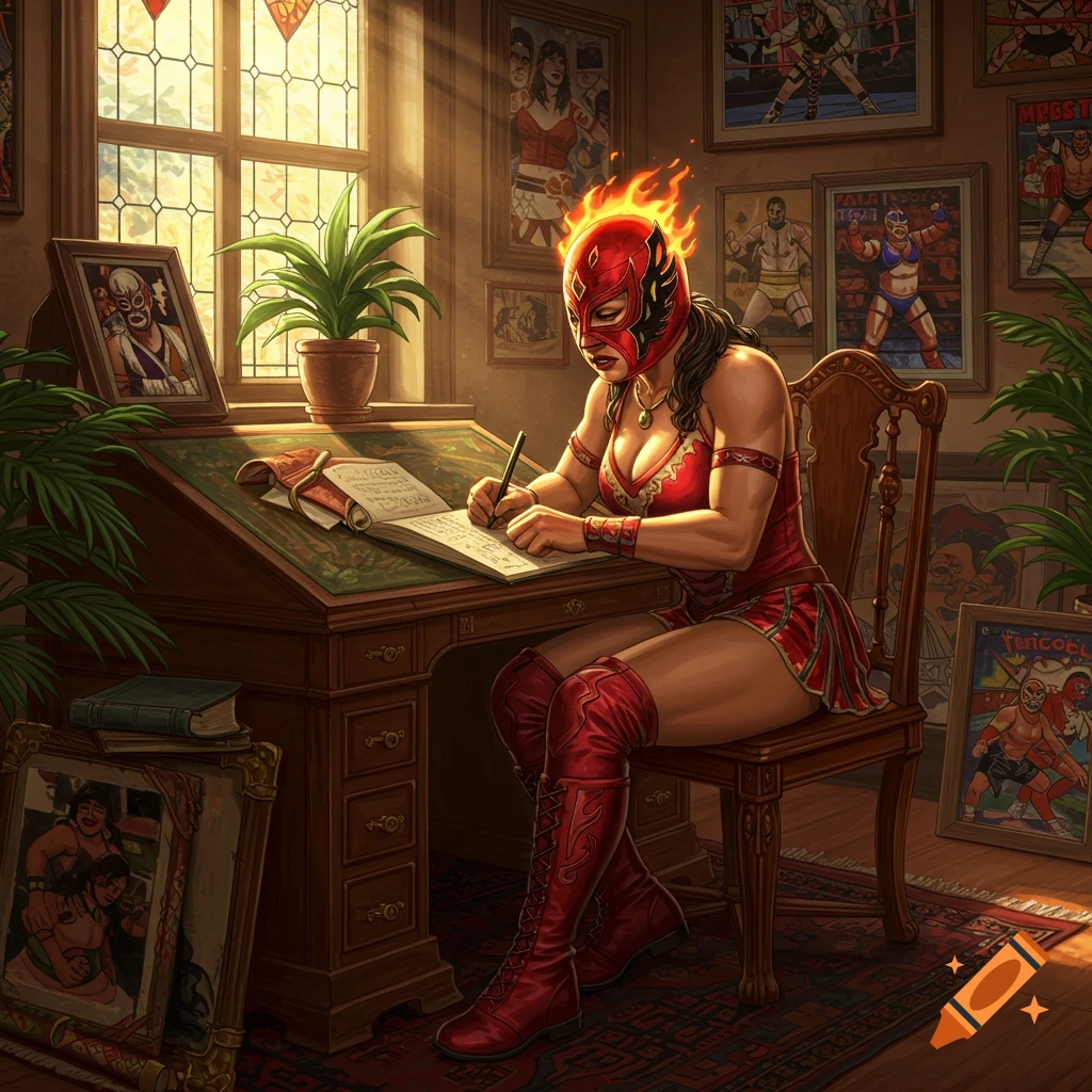 A luchadora in a red costume and fiery mask sits at a wooden desk, writing in a book. The room is decorated with wrestling posters.