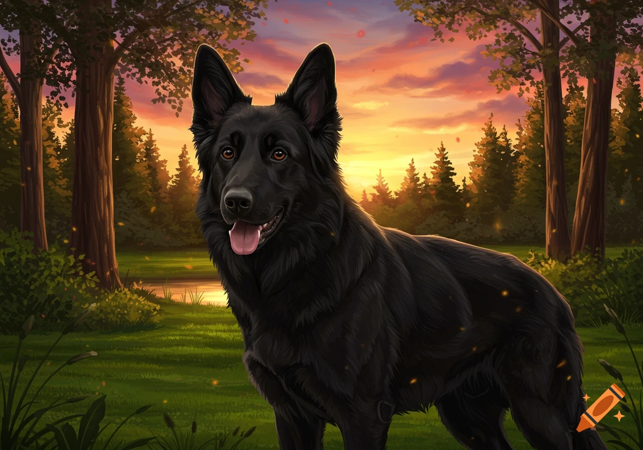 A black dog with pointed ears stands in a grassy clearing with trees and a pond at sunset, in an illustrated style.