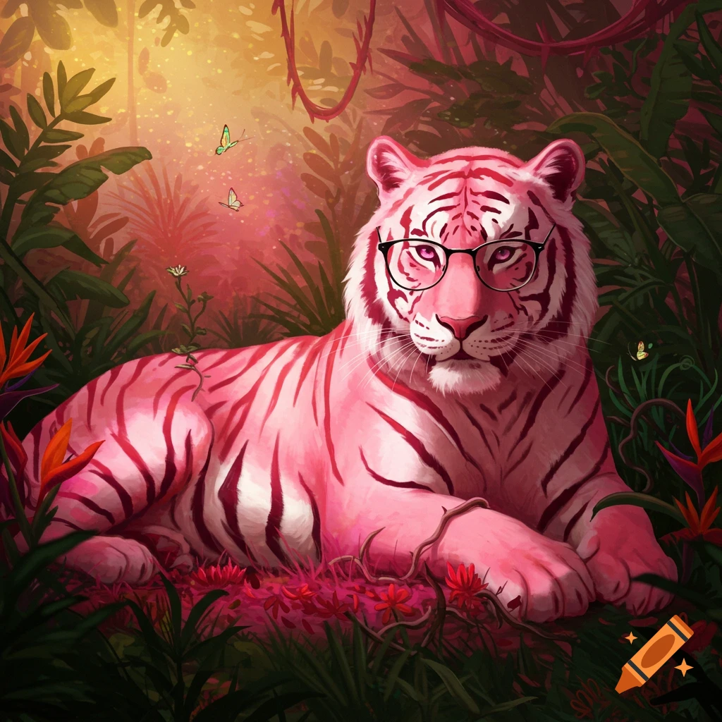 A pink tiger wearing glasses lies in a vibrant, stylized jungle with lush foliage and butterflies, bathed in warm light.