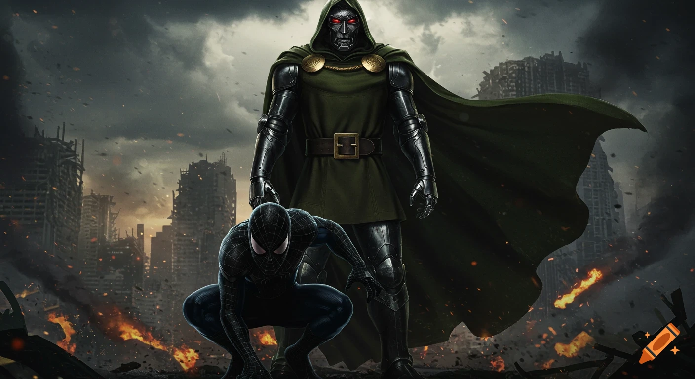 Dr. Doom stands over a crouching Symbiote Spider-Man in a destroyed, burning city, depicted in a realistic, cinematic style.