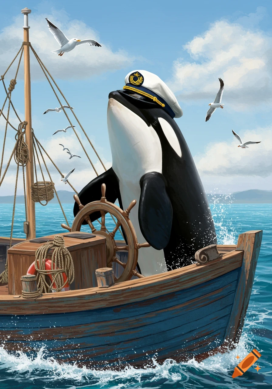 A cartoon orca in a captain's hat steers a fishing boat on the sea, surrounded by flying seagulls.