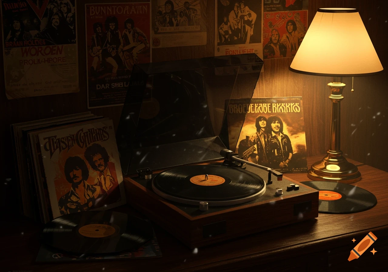 Warm-lit still life of a vintage turntable playing a vinyl record, surrounded by album covers and posters, with a glowing table lamp.