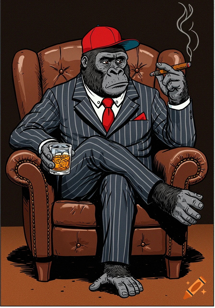 A cartoon gorilla in a pinstripe suit and red cap, smoking a cigar and drinking whiskey, seated in a leather armchair in comic book style.