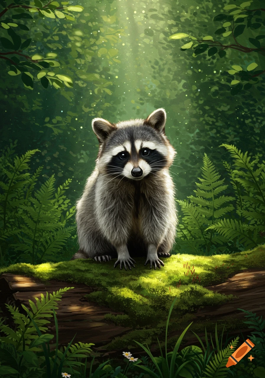 A fluffy raccoon with black eye markings sits on a mossy log in a vibrant, sunlit forest.
