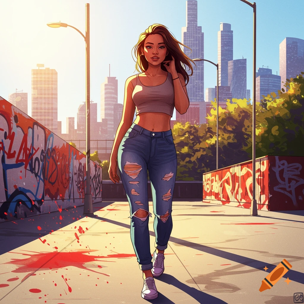 An anime-style woman in a crop top and ripped jeans walks on a city street with graffiti-covered walls and a city skyline in the background.