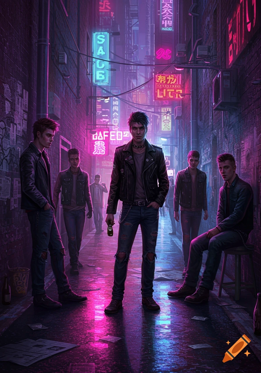 A group of young men in leather jackets and ripped jeans standing and sitting in a dark, neon-lit alleyway with brick walls and glowing signs.