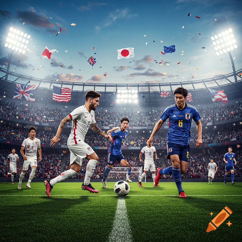 Photorealistic image of a soccer match between the United States and Japan teams in a crowded stadium under a blue sky.