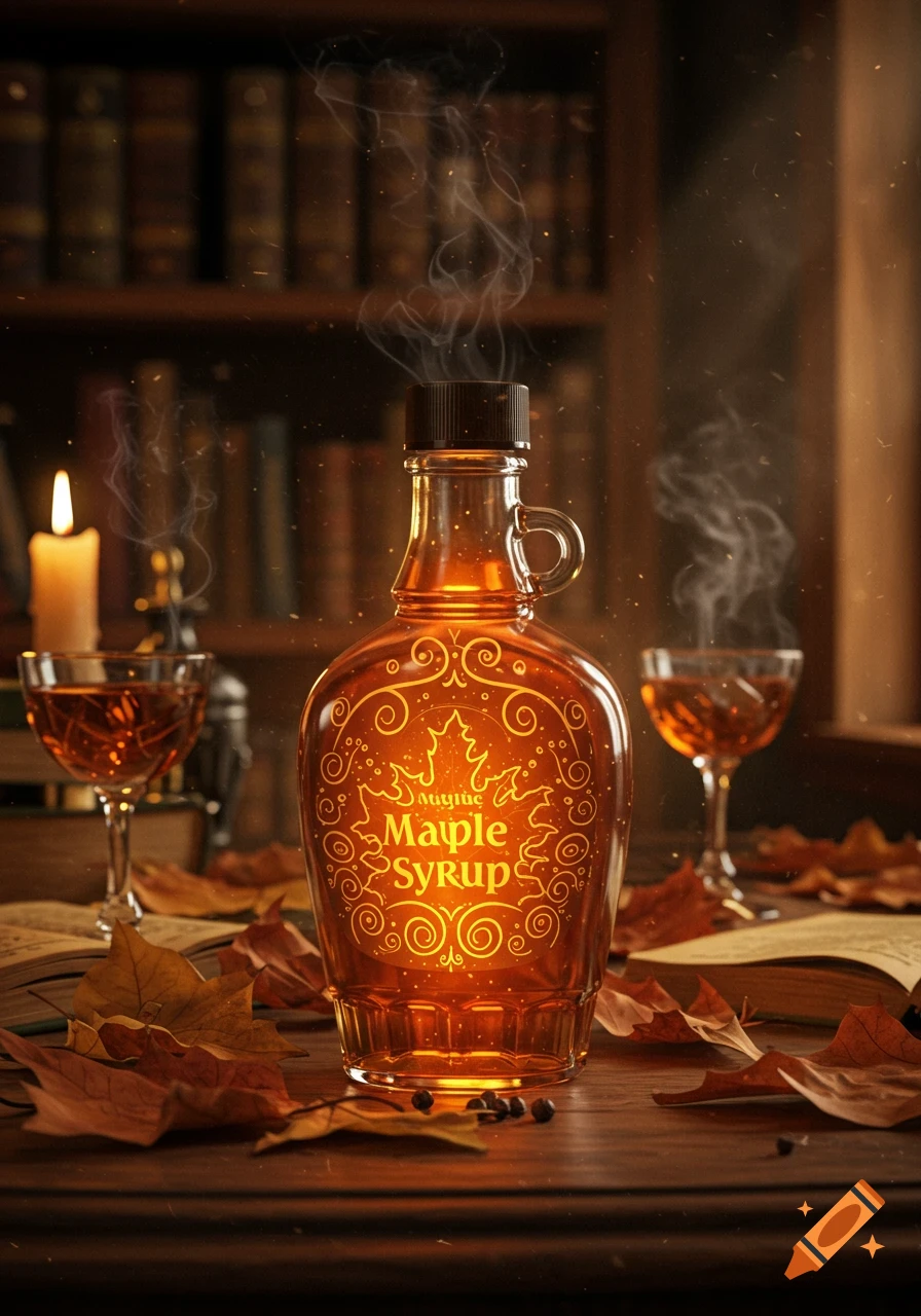 A glowing bottle labeled "Magiic Maple Syrup" sits on a wooden table with fall leaves, open books, and lit candles in a cozy, dark setting.