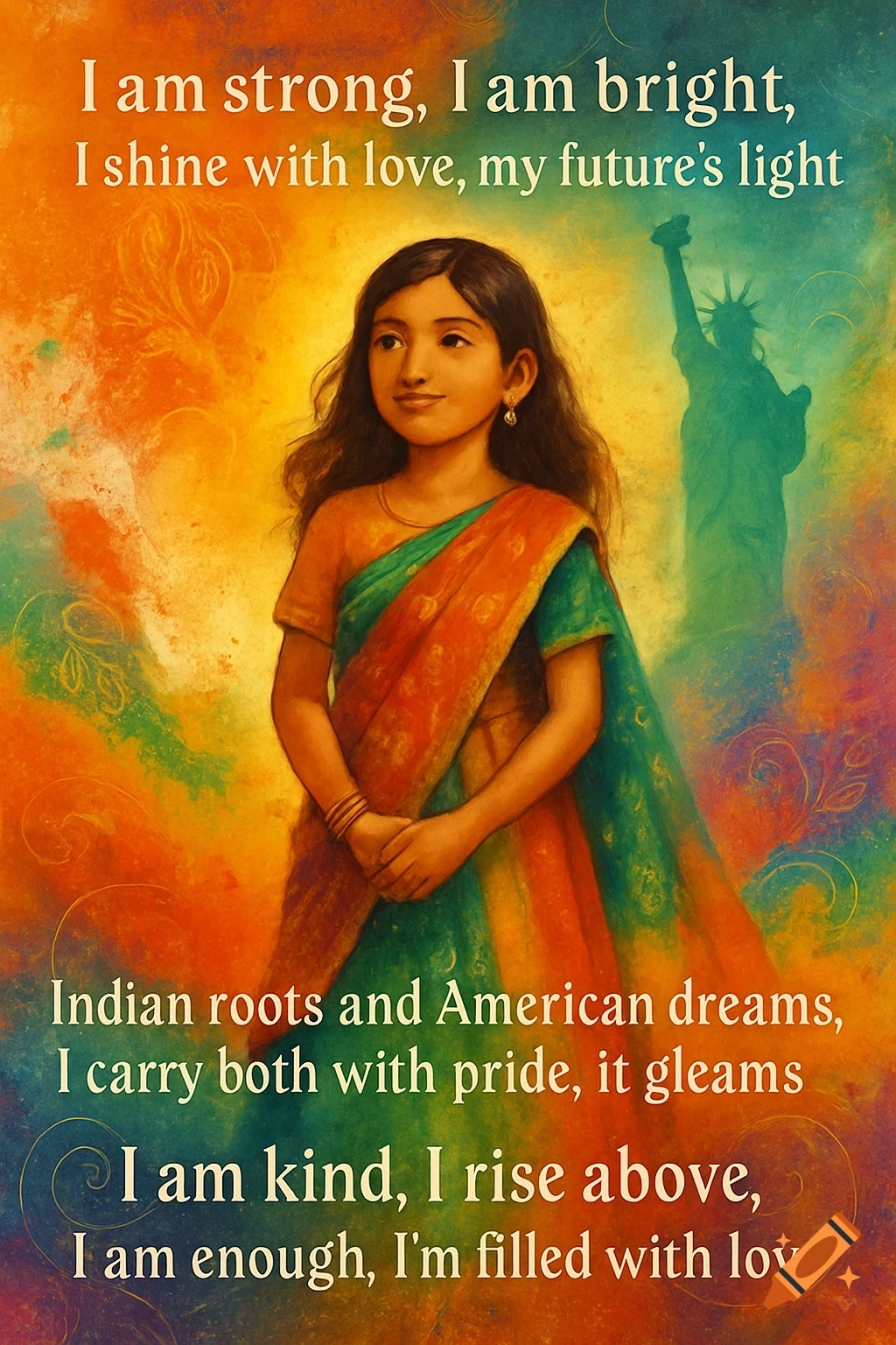 A painting of an Indian girl in a colorful sari with the Statue of Liberty silhouette, vibrant background, and an inspirational poem.