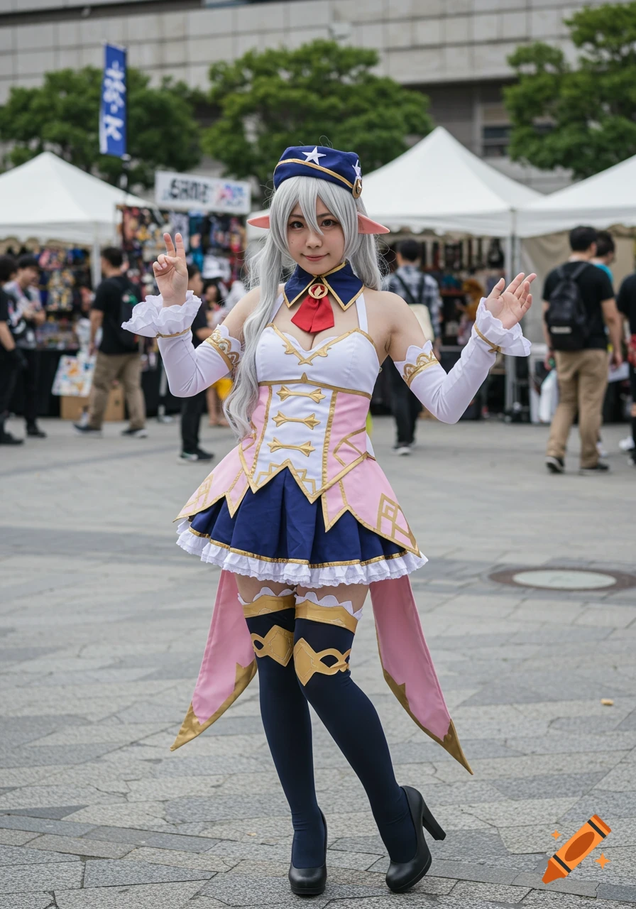 A photorealistic image of a cosplayer in a white, pink, and blue fantasy dress with elf ears and a hat, posing outdoors at an event.